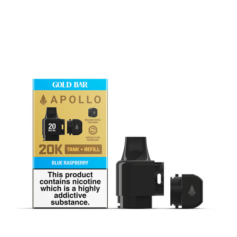 Gold Bar Apollo 5ml Pod & 2ml Refill Combo - Blue Raspberry flavour - Nic Salt 20mg | Gold Bar UK Gold Bar Apollo 5ml Pod & 2ml Refill Combo - Blue Raspberry flavour - Nic Salt 20mg | Gold Bar UK